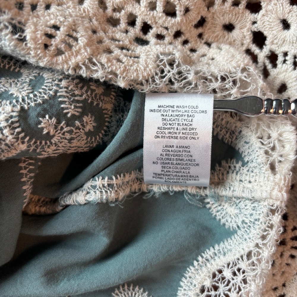 Democracy Boho Cottagecore Green Embroidered Lace Trim V-Neck Bell Sleeve Top XL - Picture 10 of 13